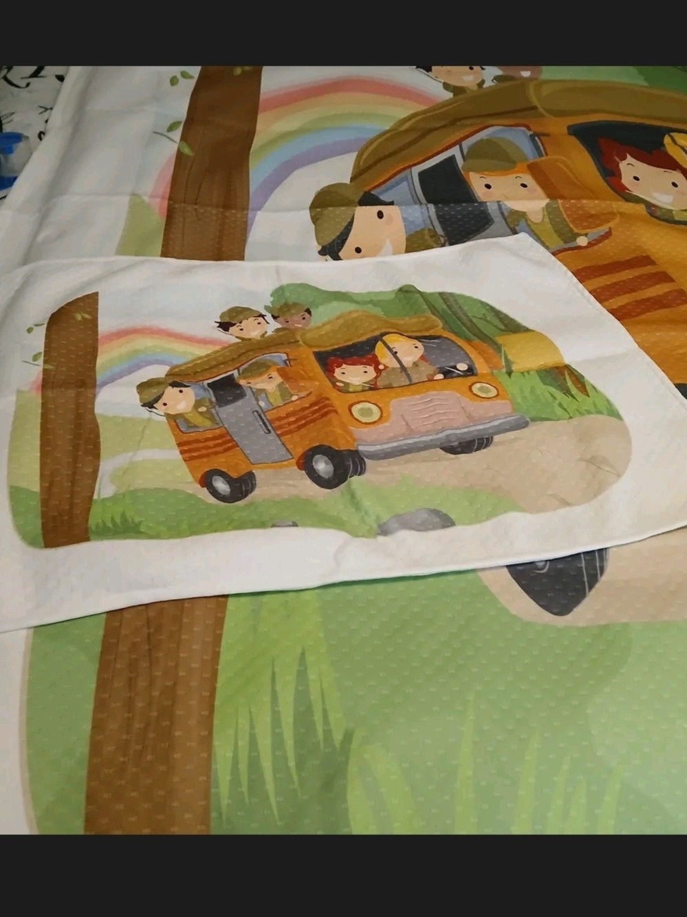Kids Camper Van Print White Comforter Set - Playful Rainbow Design